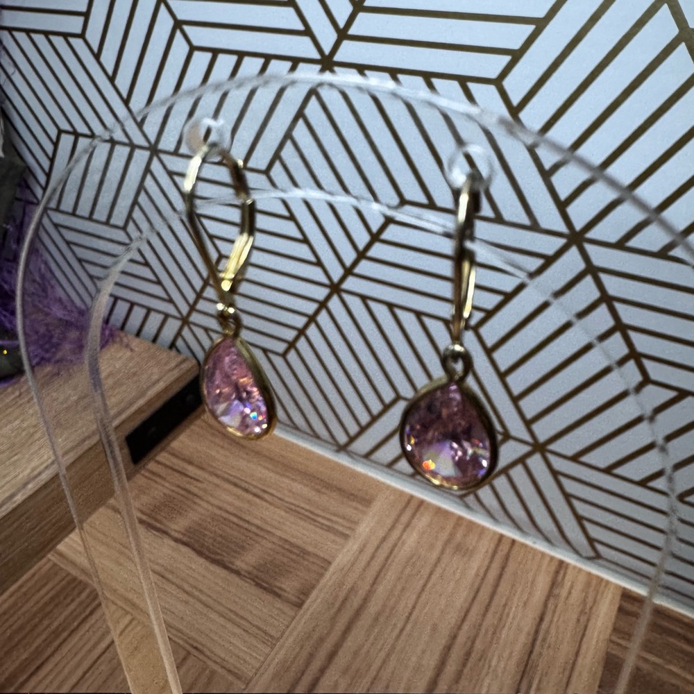Elegant Gold toned and Pink Crystal TearDrop Earrings